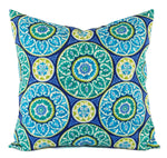 A blue and green medallion print pillow.